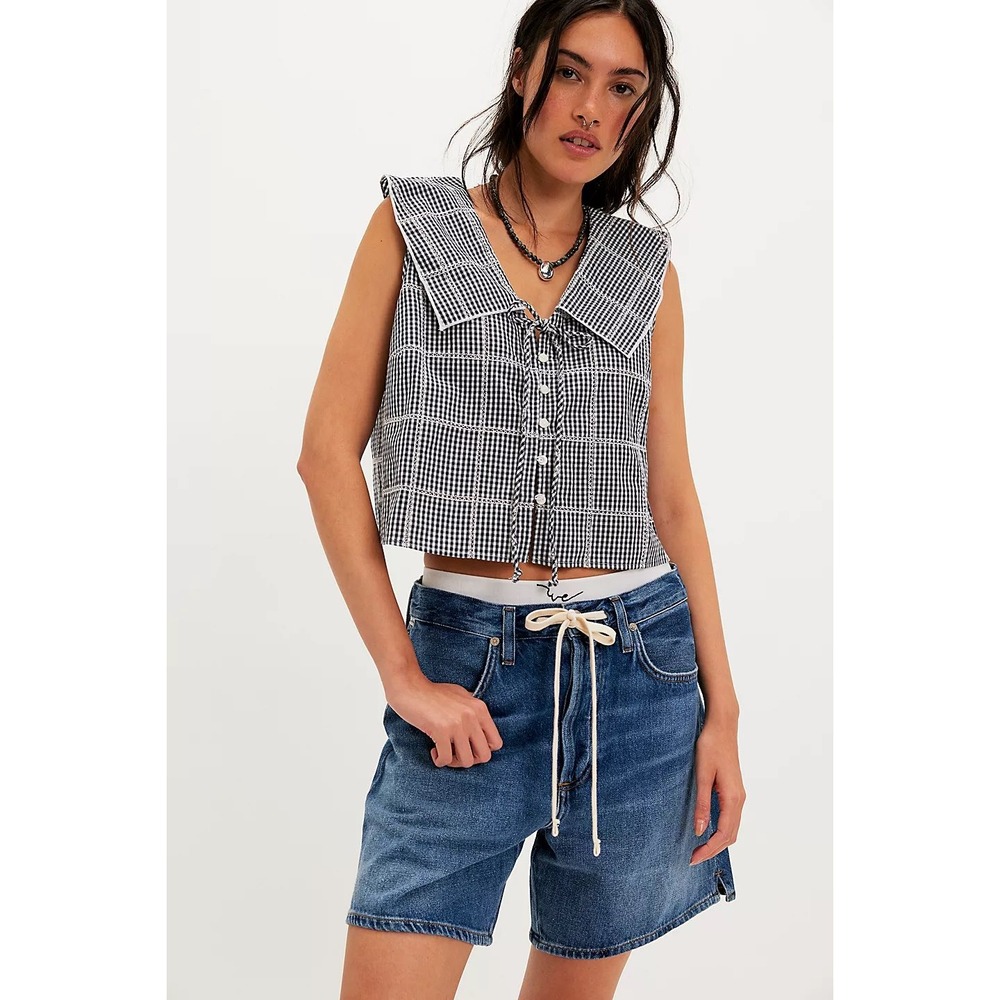 Free People Women's Waiting For Me Gingham Crop Top Navy White Sailor Collar